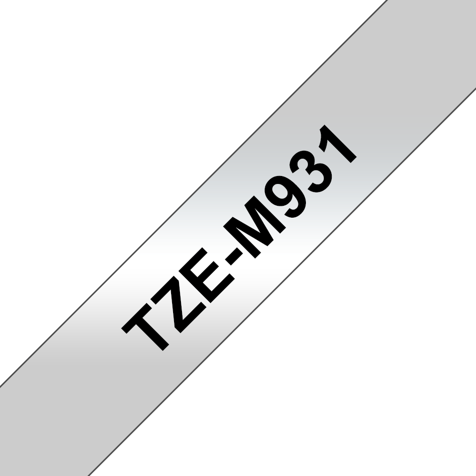 Oryginalna matowa taśma TZe-M931 firmy Brother – czarny nadruk na srebrnym matowym tle, 12mm szerokości